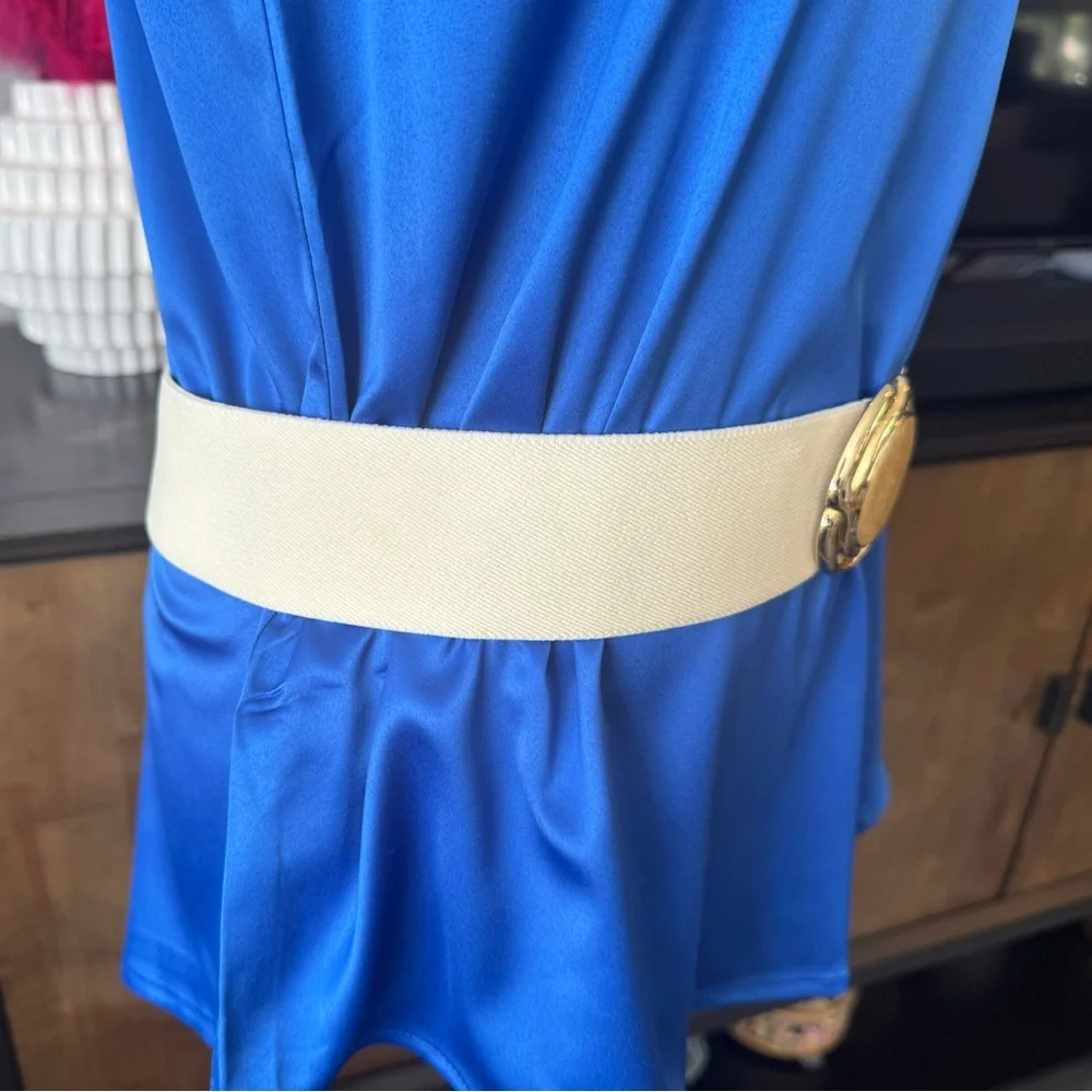 Vintage Cream Stretch Belt with Gold Enamel Buckle